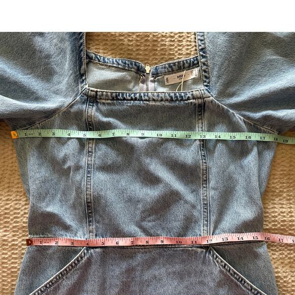 MNG Mango‎ Puff Sleeve Denim Jean Mini Dress Square Neckline 6 - Picture 6 of 7